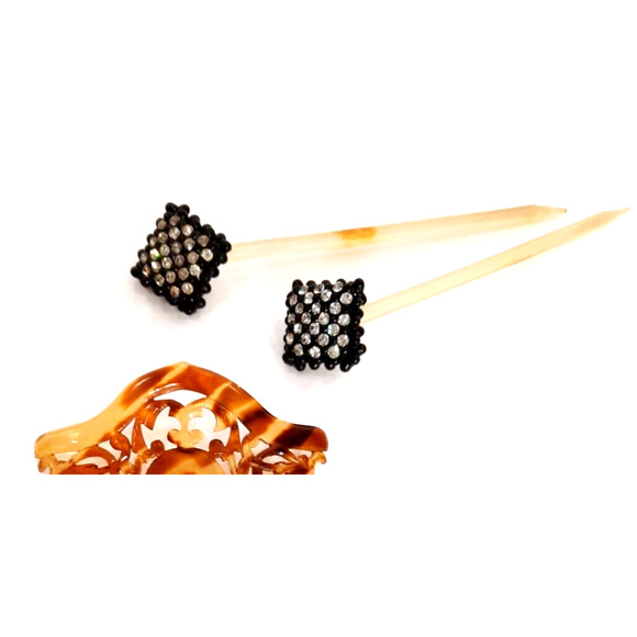 Vintage Victorian Old Pair of Rhinestone Bun holders Lucite Stems 48 Rhinestones main image 5